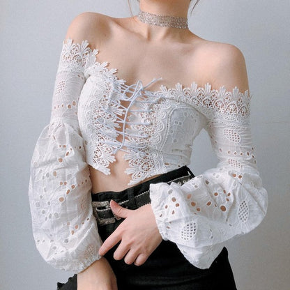 Love Hollow Lace Off-the-Shoulder Crop Top in White